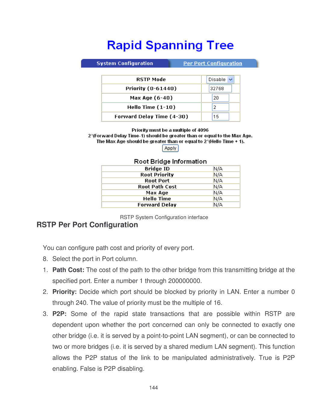 Milan Technology MIL-SM8002TG manual Rstp Per Port Configuration 