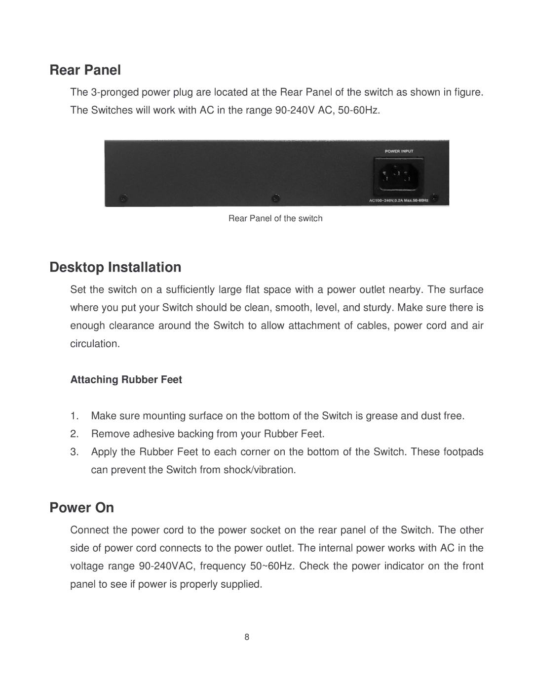 Milan Technology MIL-SM8002TG manual Rear Panel, Desktop Installation, Power On 