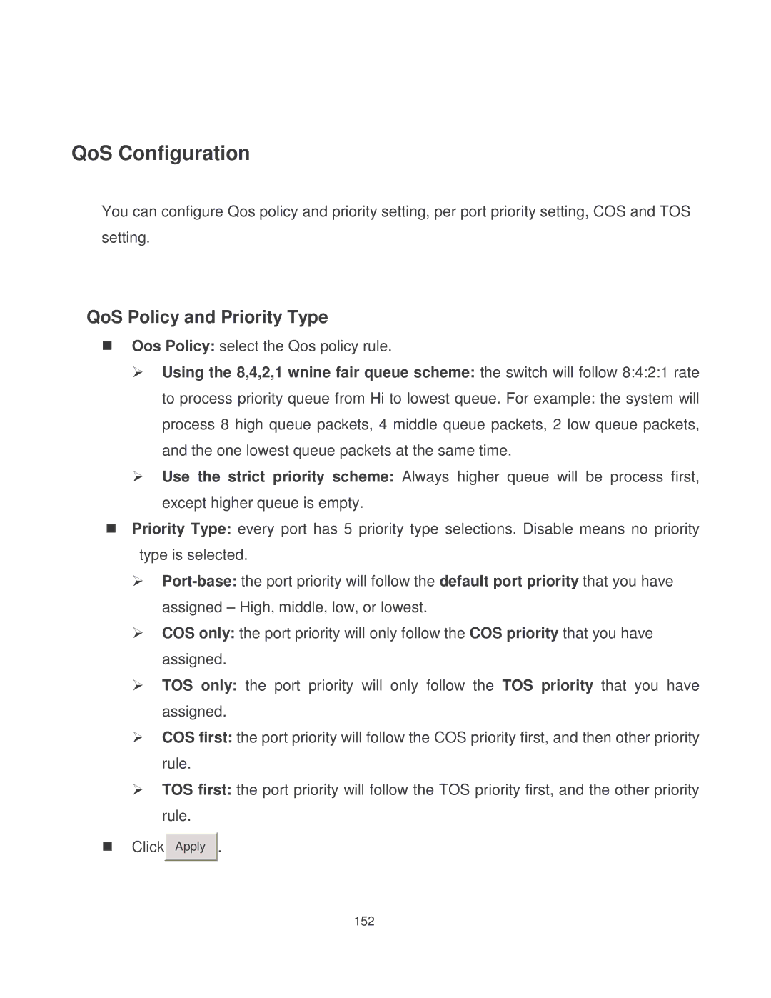 Milan Technology MIL-SM8002TG manual QoS Configuration, QoS Policy and Priority Type 