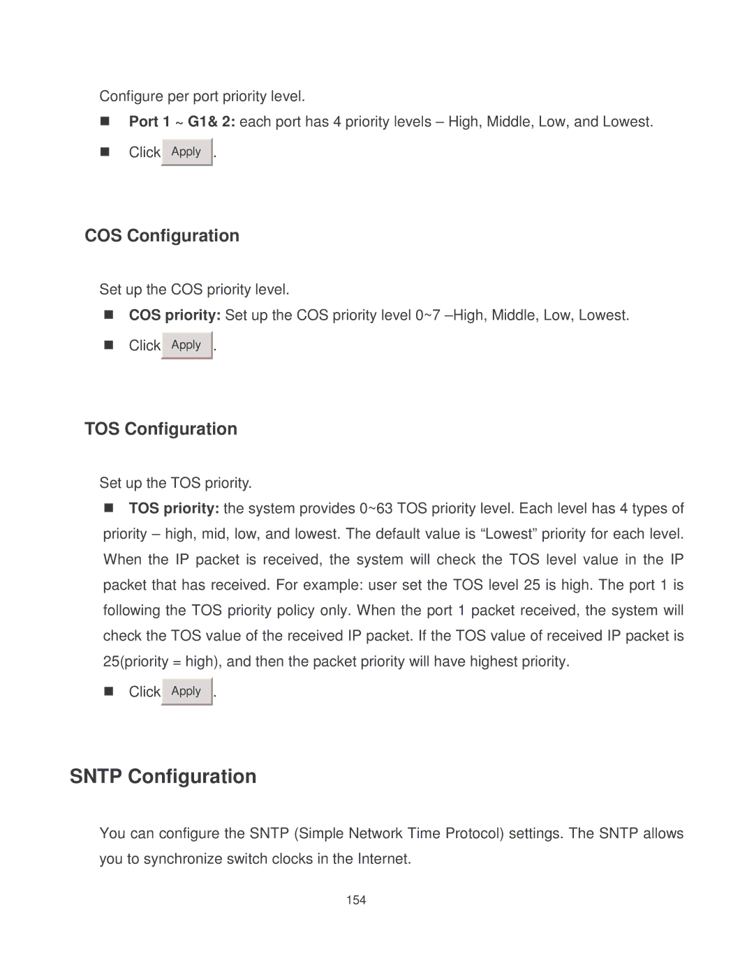 Milan Technology MIL-SM8002TG manual Sntp Configuration, COS Configuration, TOS Configuration 