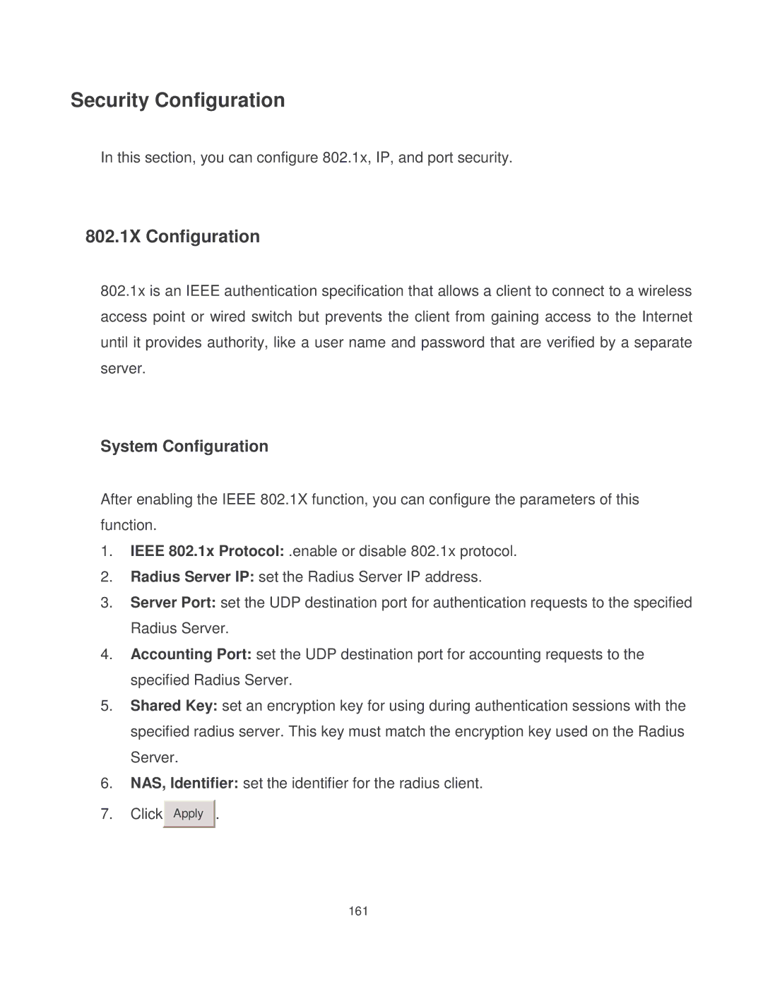 Milan Technology MIL-SM8002TG manual Security Configuration, 802.1X Configuration 