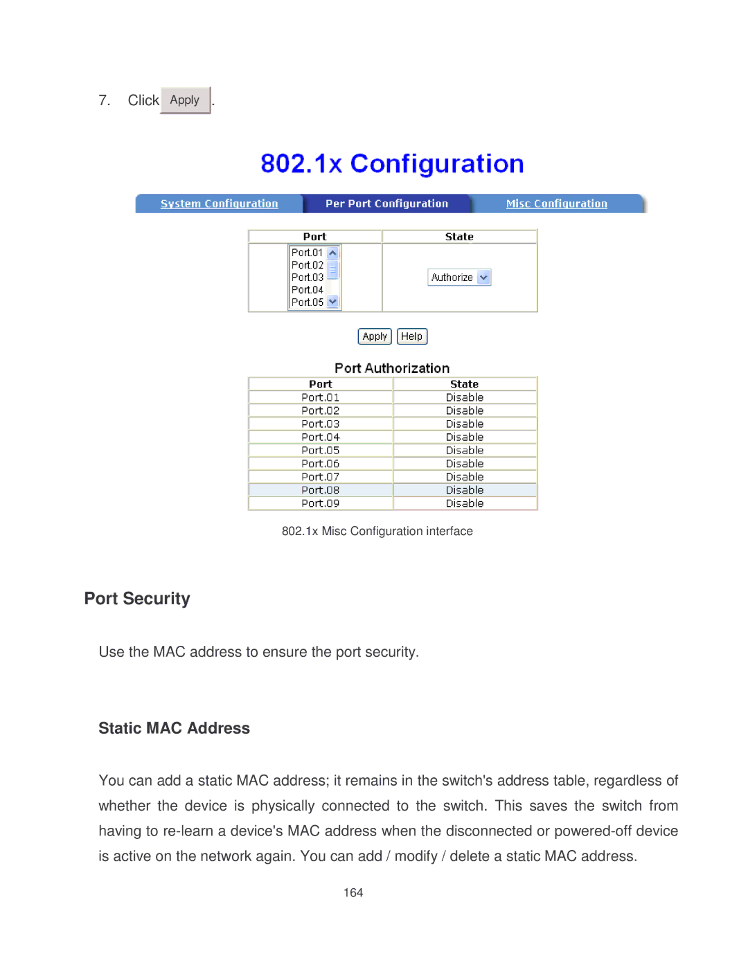 Milan Technology MIL-SM8002TG manual Apply 802.1x Misc Configuration interface 