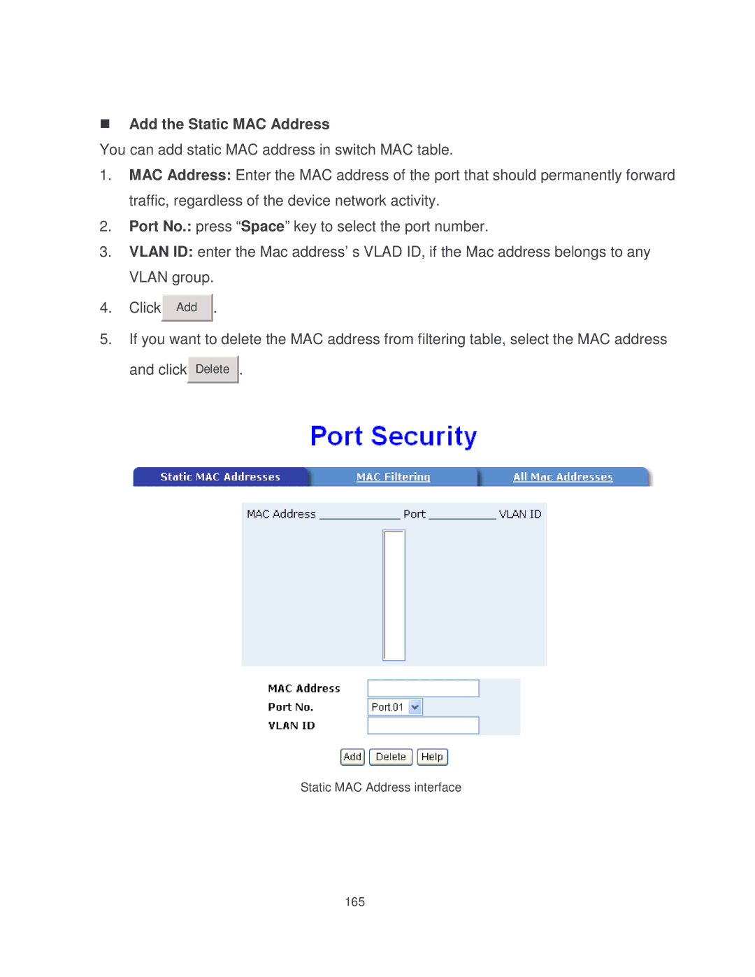 Milan Technology MIL-SM8002TG manual Delete Static MAC Address interface 165 