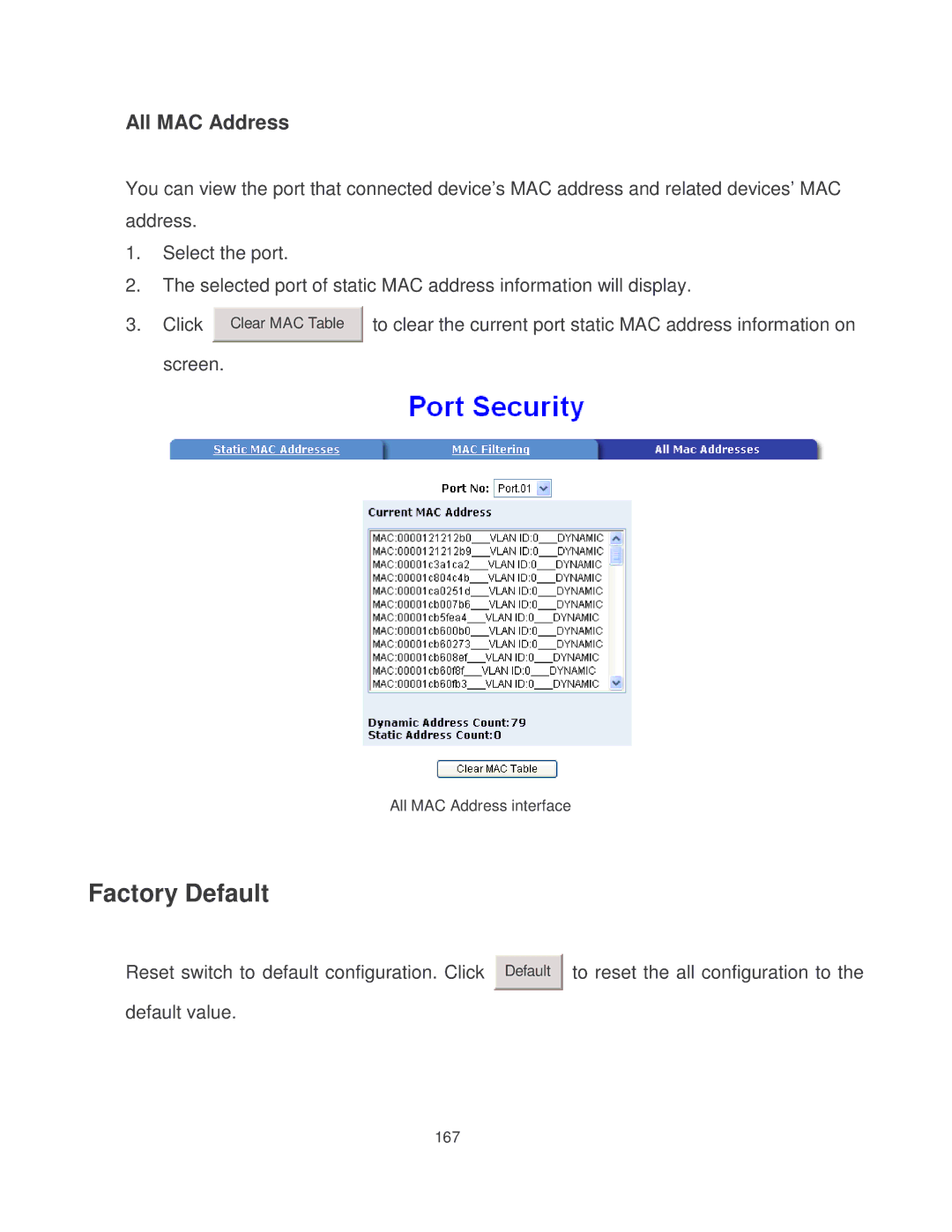 Milan Technology MIL-SM8002TG manual Factory Default, All MAC Address 