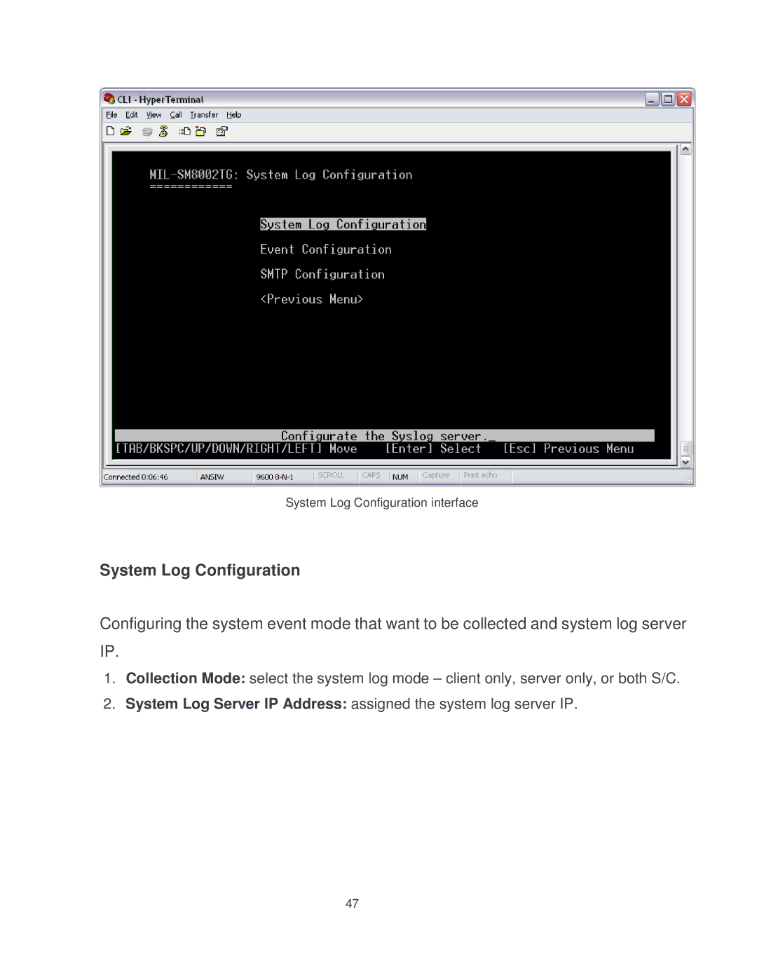 Milan Technology MIL-SM8002TG manual System Log Configuration interface 