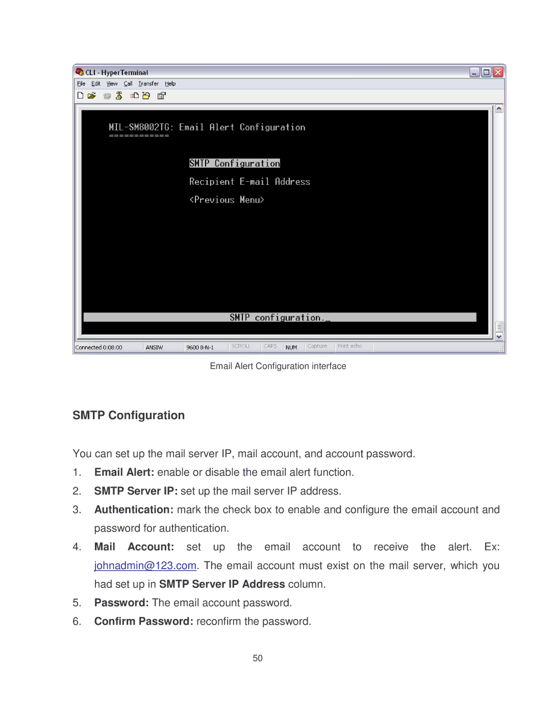 Milan Technology MIL-SM8002TG manual Smtp Configuration 