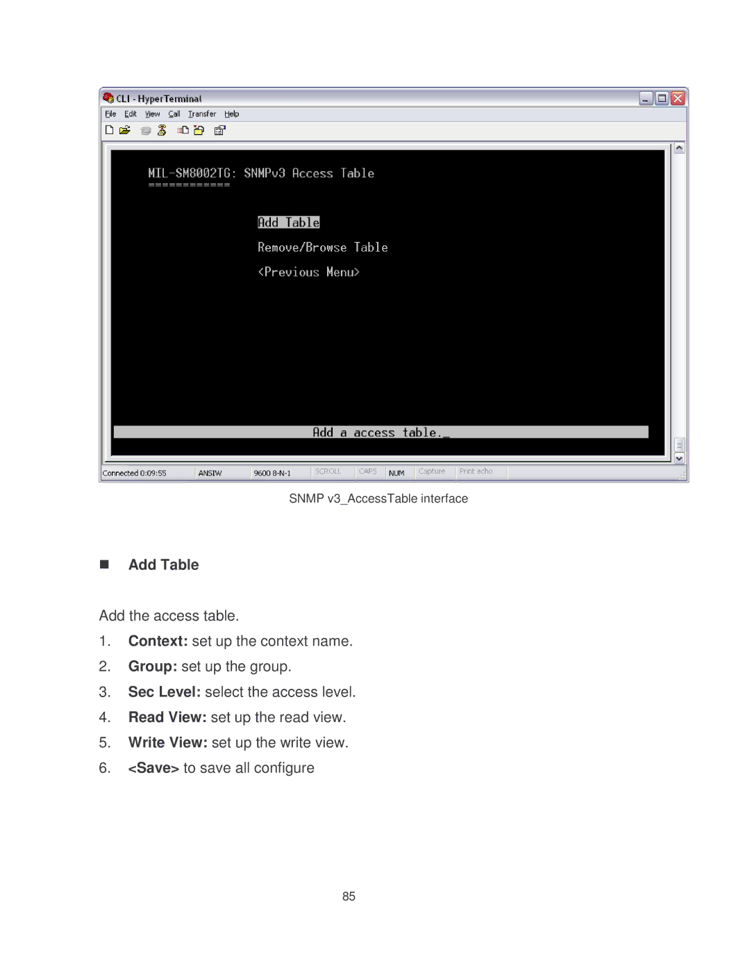 Milan Technology MIL-SM8002TG manual Snmp v3AccessTable interface 