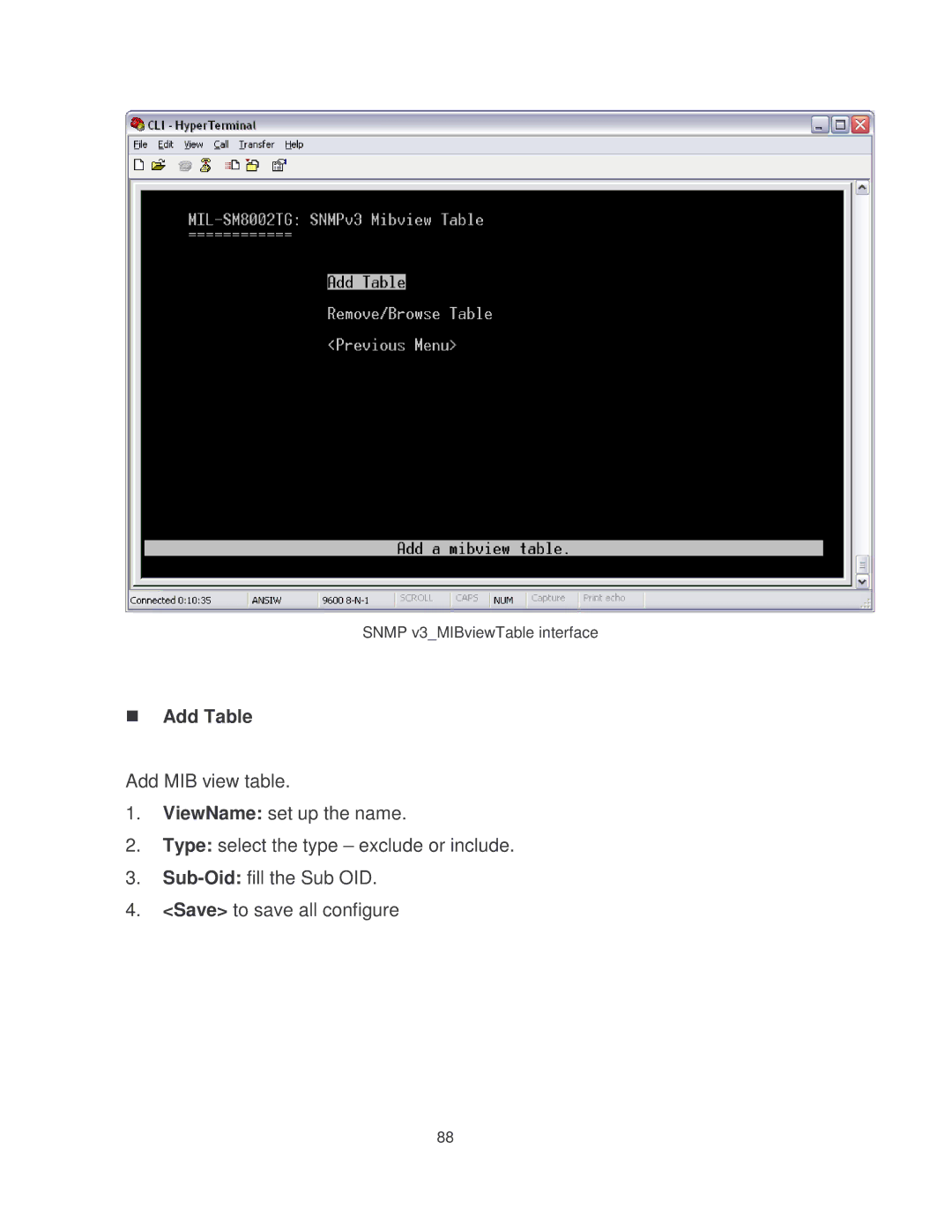 Milan Technology MIL-SM8002TG manual Snmp v3MIBviewTable interface 