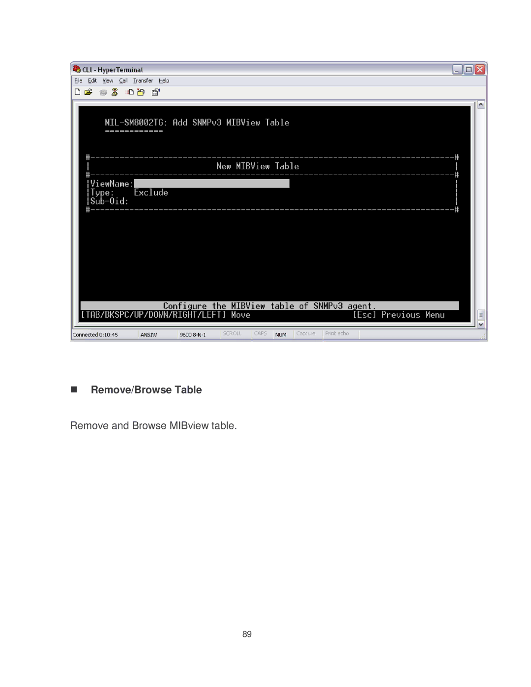Milan Technology MIL-SM8002TG manual Remove/Browse Table Remove and Browse MIBview table 