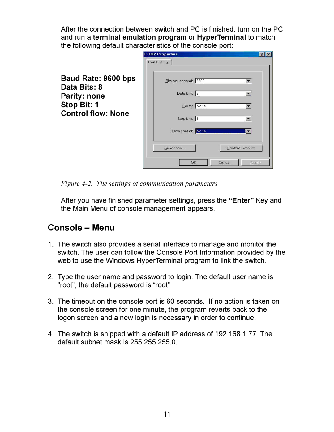 Milan Technology MIL-SM801P, MIL-SM801G, MIL-SM800P manual Console Menu, Settings of communication parameters 