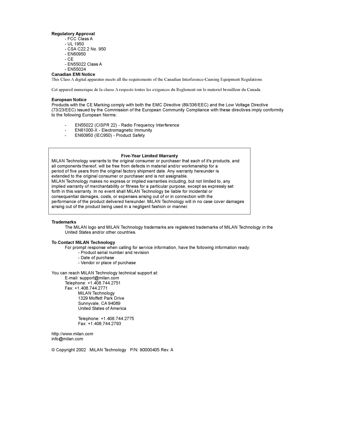 Milan Technology MIL-SM800P, MIL-SM801P, MIL-SM801G manual Regulatory Approval 