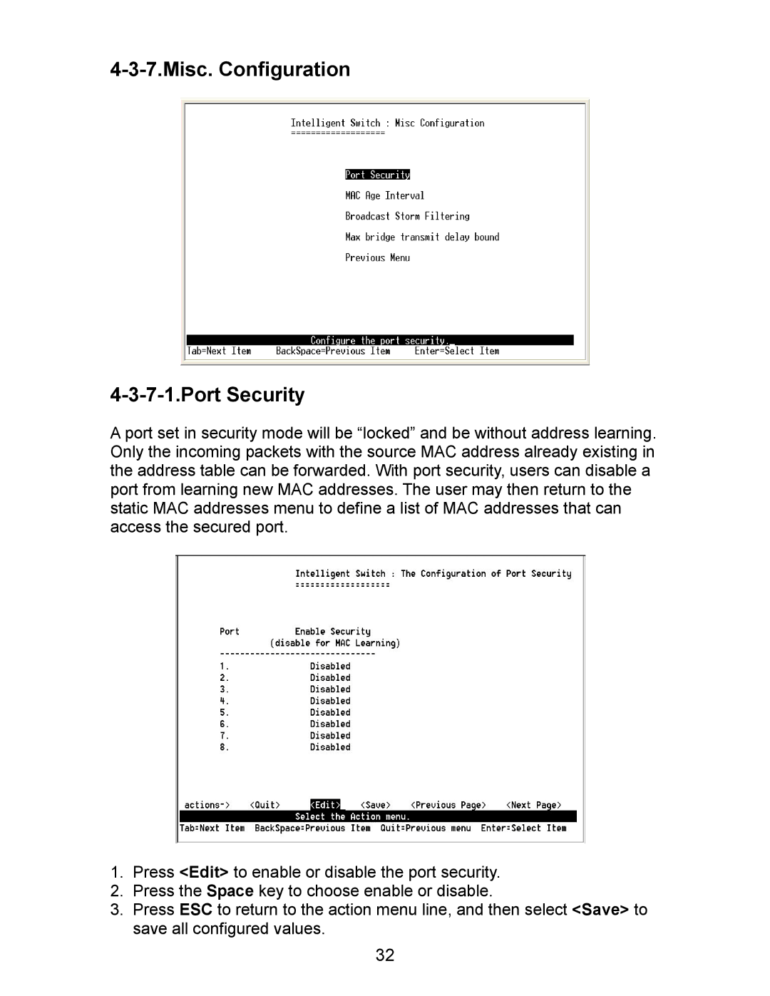 Milan Technology MIL-SM801P, MIL-SM801G, MIL-SM800P manual Misc. Configuration Port Security 