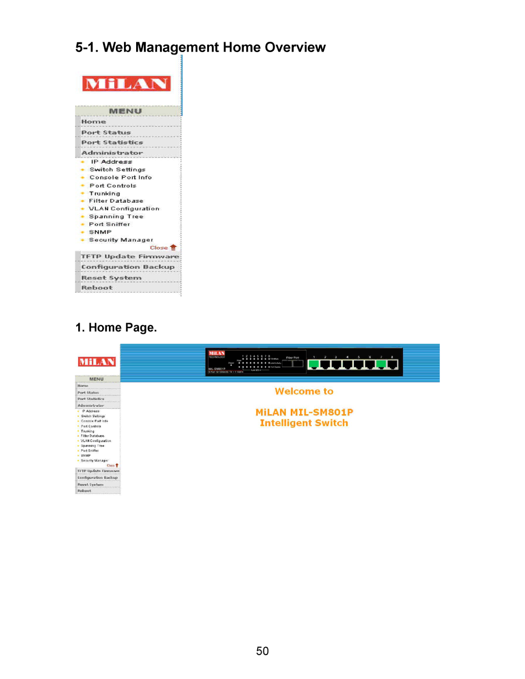 Milan Technology MIL-SM801P, MIL-SM801G, MIL-SM800P manual Web Management Home Overview 