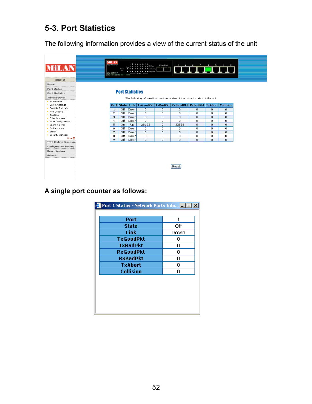 Milan Technology MIL-SM800P, MIL-SM801P, MIL-SM801G manual Port Statistics, Single port counter as follows 