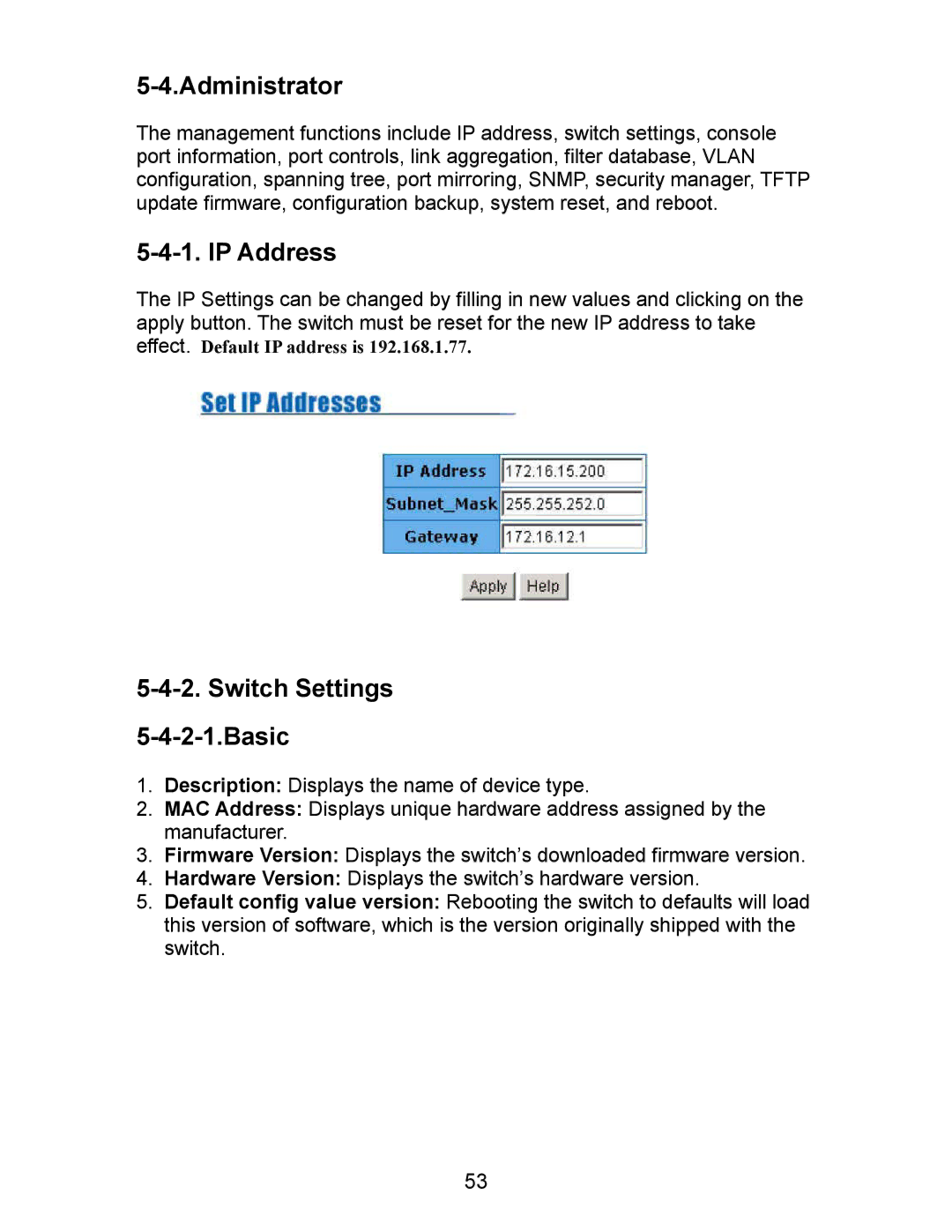 Milan Technology MIL-SM801P, MIL-SM801G, MIL-SM800P manual Administrator, IP Address, Switch Settings Basic 