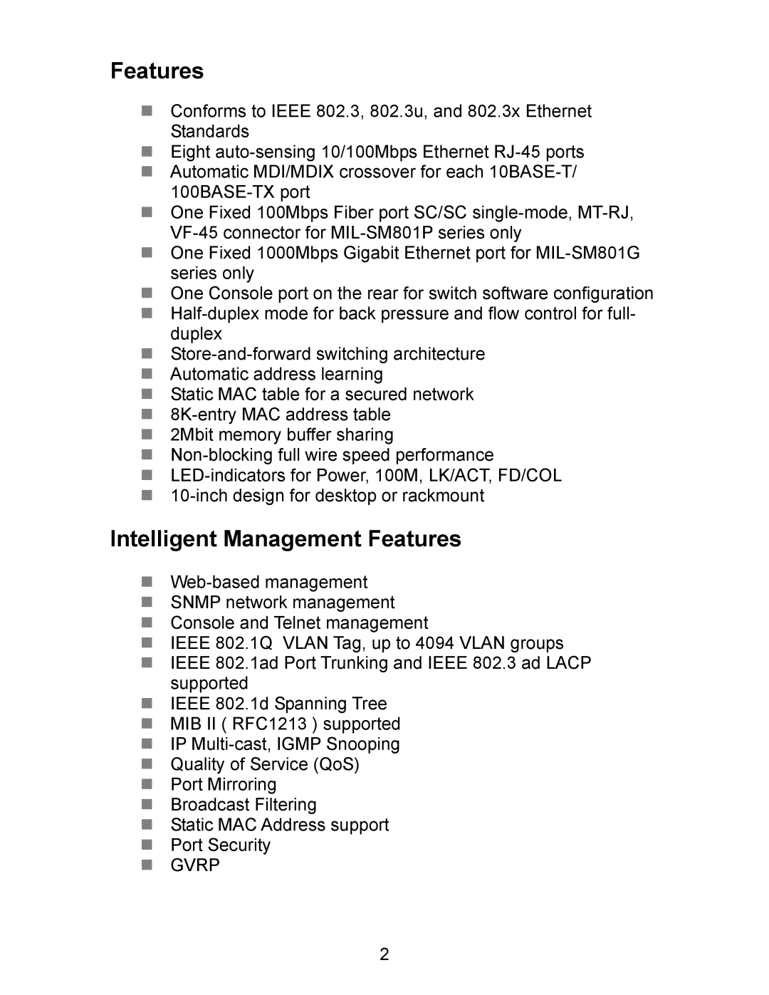 Milan Technology MIL-SM801P, MIL-SM801G, MIL-SM800P manual Features 