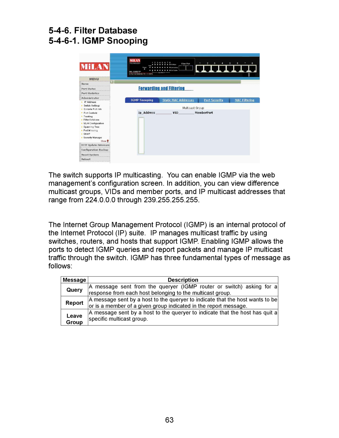 Milan Technology MIL-SM801G, MIL-SM801P, MIL-SM800P manual Filter Database Igmp Snooping, Message Description Query 