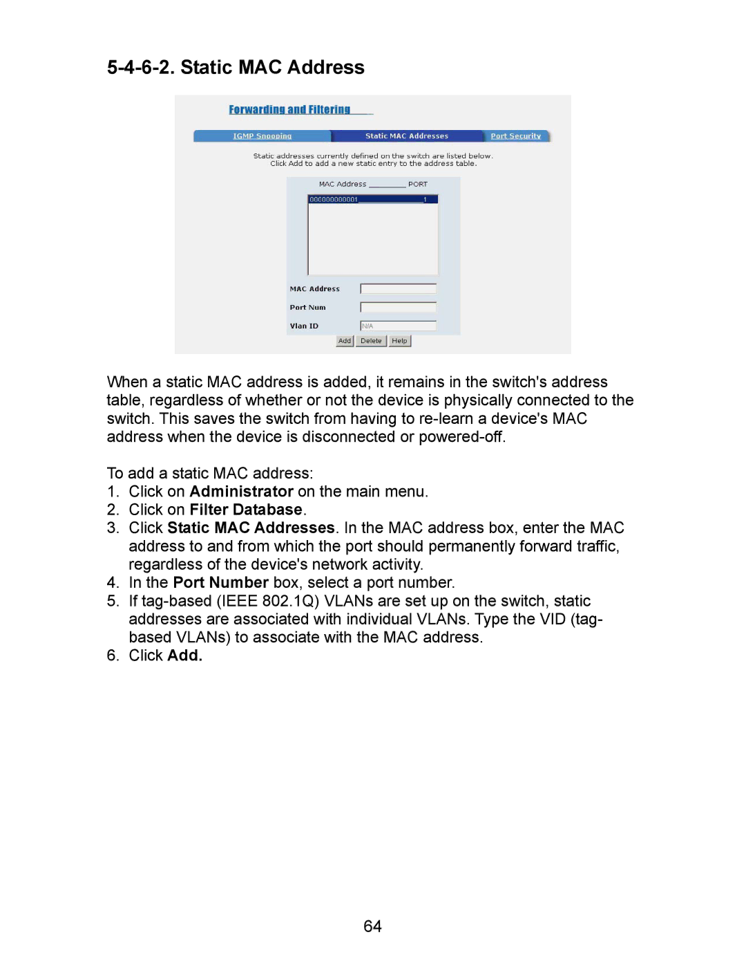 Milan Technology MIL-SM800P, MIL-SM801P, MIL-SM801G manual Static MAC Address, Click on Filter Database 