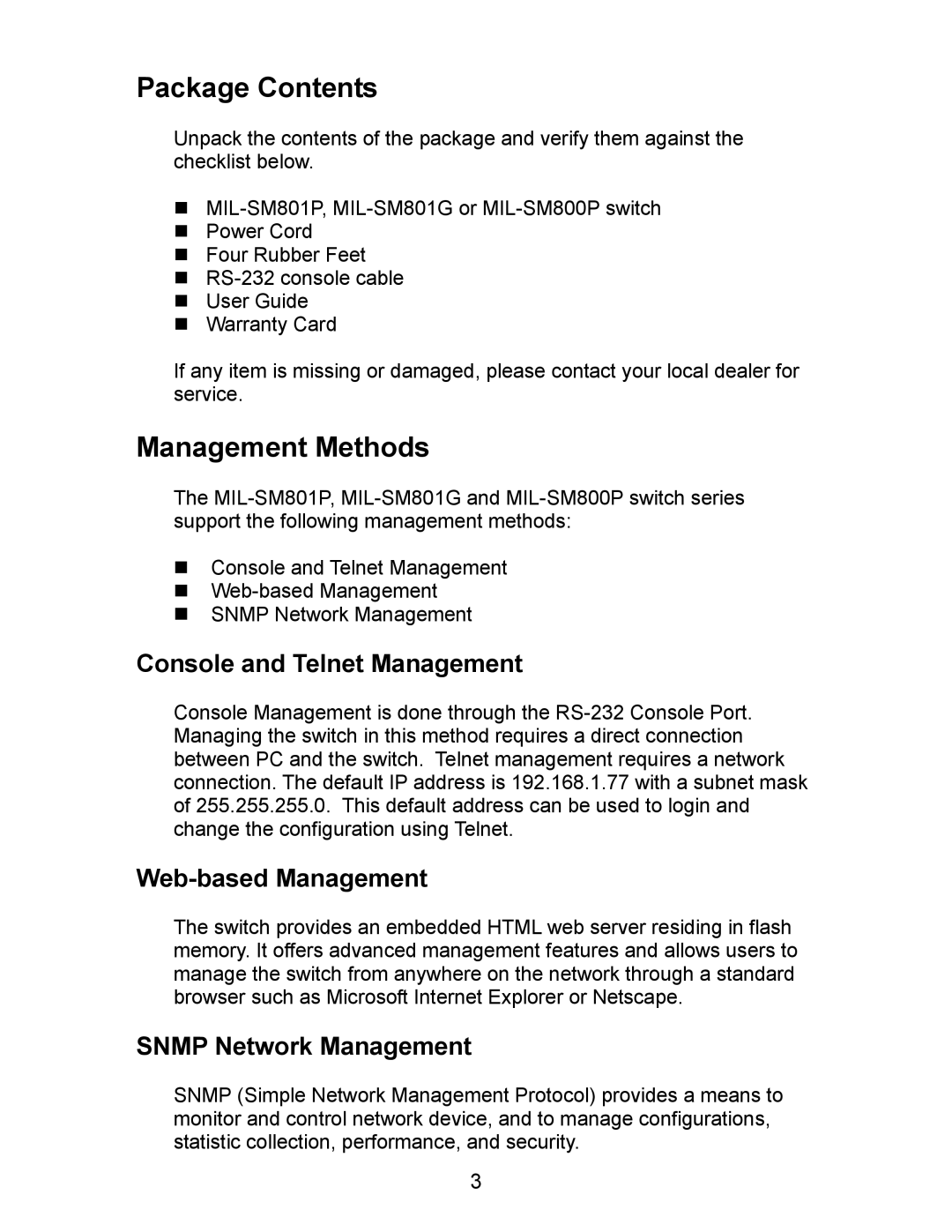 Milan Technology MIL-SM801G, MIL-SM801P, MIL-SM800P manual Package Contents 