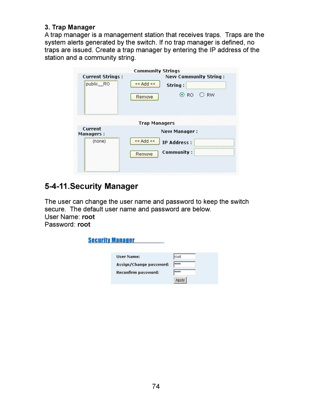 Milan Technology MIL-SM801P, MIL-SM801G, MIL-SM800P manual Security Manager, Trap Manager 