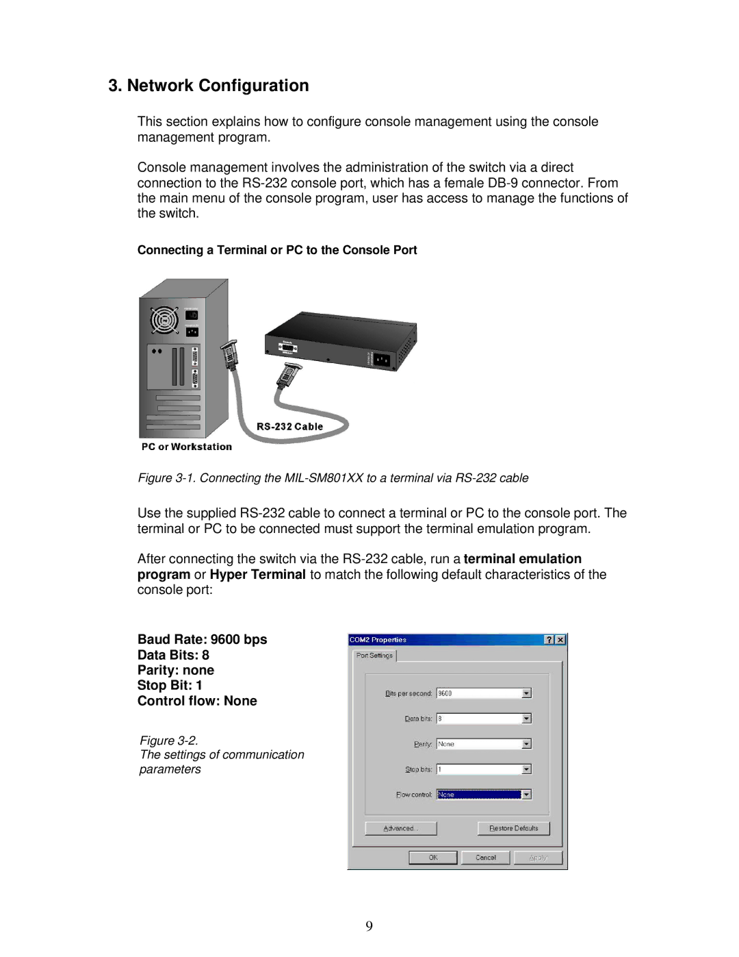 Milan Technology manual Network Configuration, Connecting the MIL-SM801XX to a terminal via RS-232 cable 