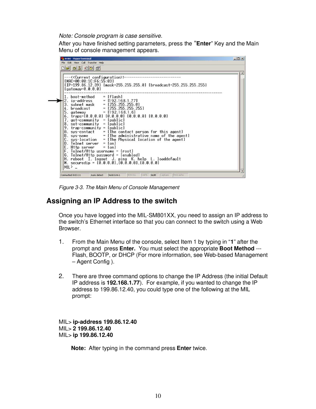 Milan Technology MIL-SM801XX manual Assigning an IP Address to the switch, MIL ip-address MIL 2 