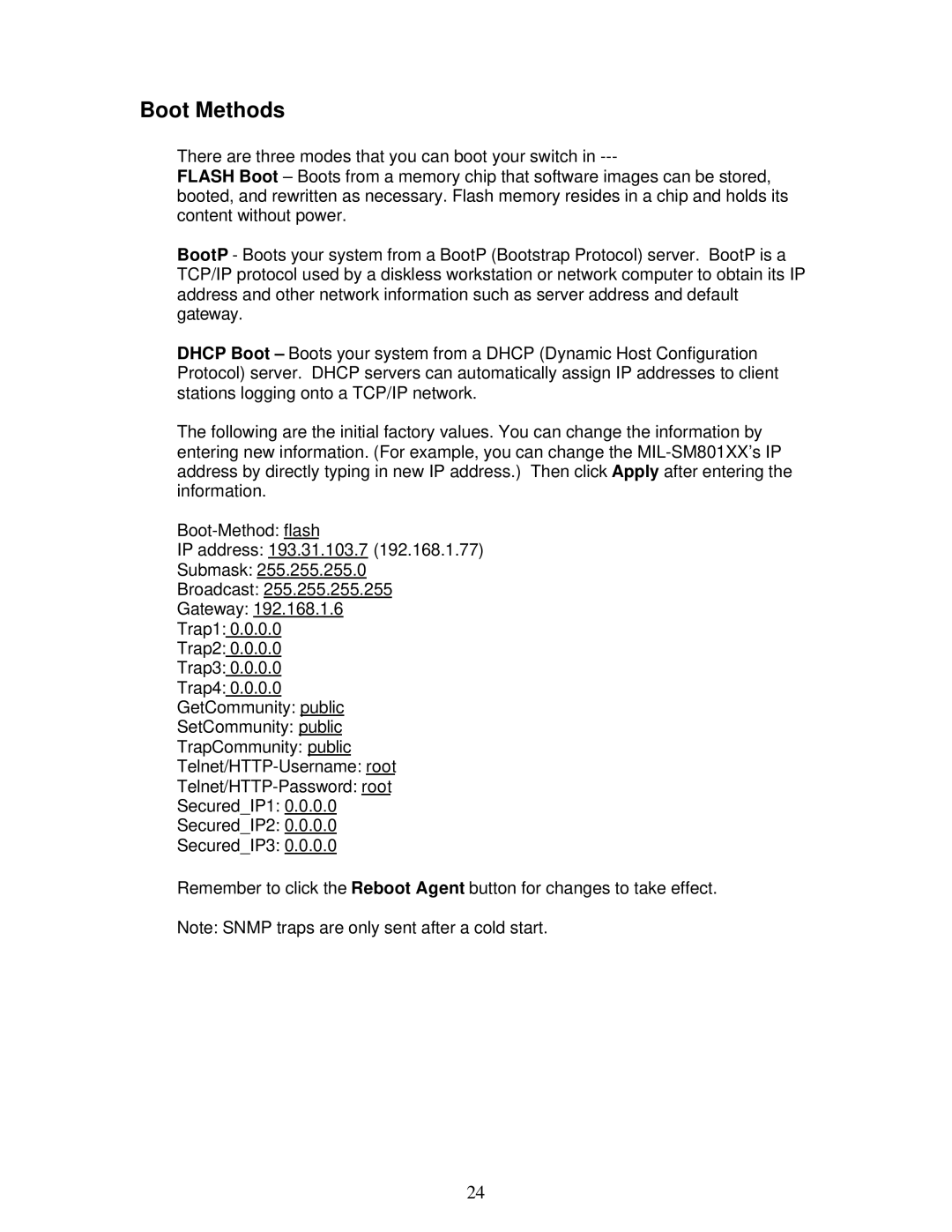 Milan Technology MIL-SM801XX manual Boot Methods 