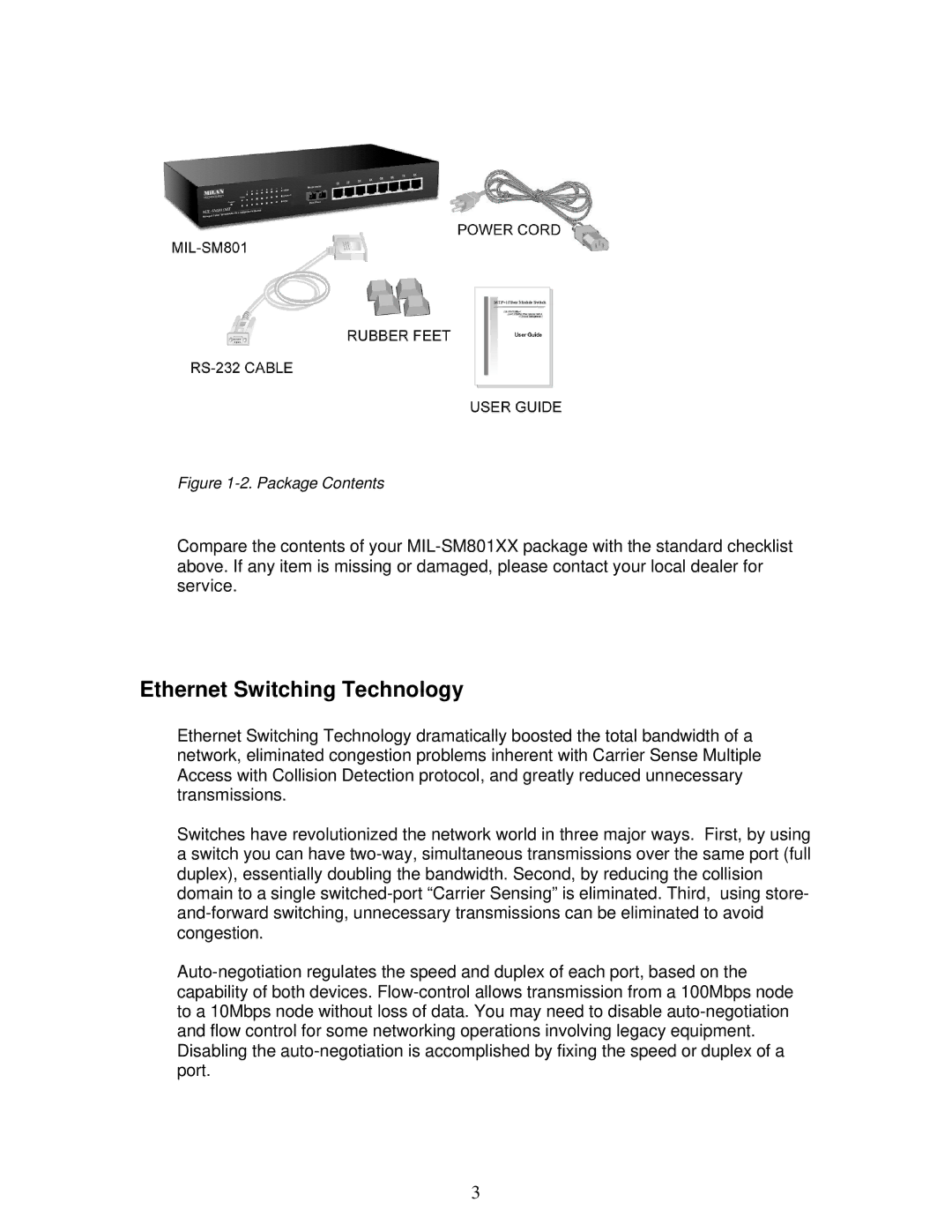 Milan Technology MIL-SM801XX manual Ethernet Switching Technology, Package Contents 