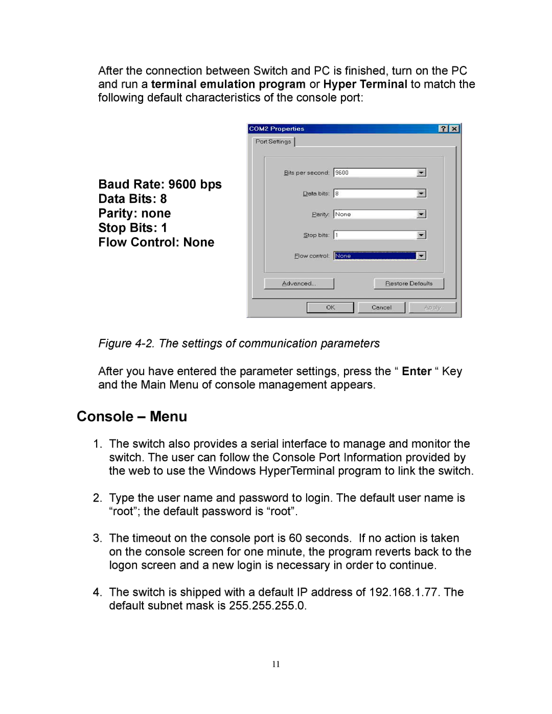 Milan Technology MIL-SM808G manual Console Menu, Settings of communication parameters 