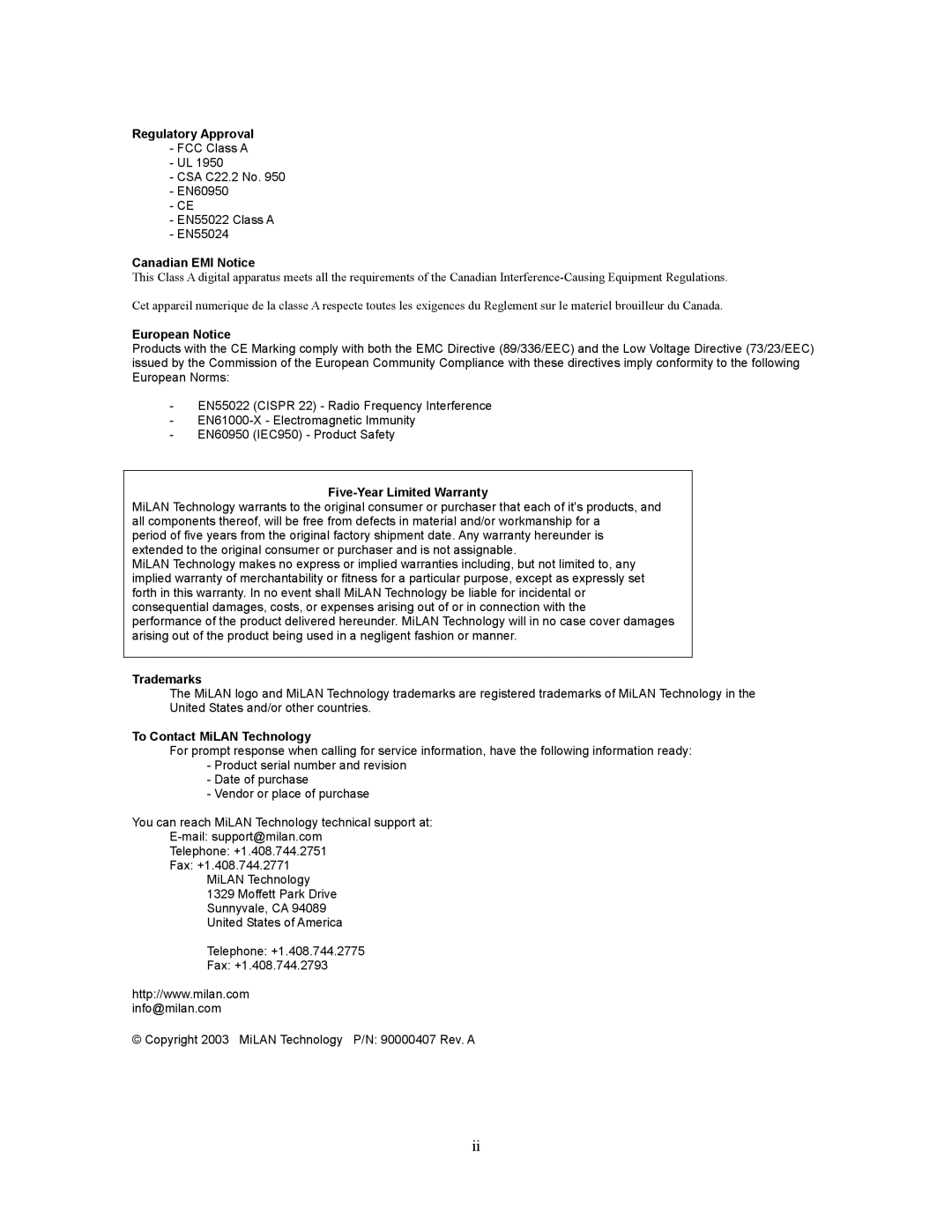 Milan Technology MIL-SM808G manual Regulatory Approval 