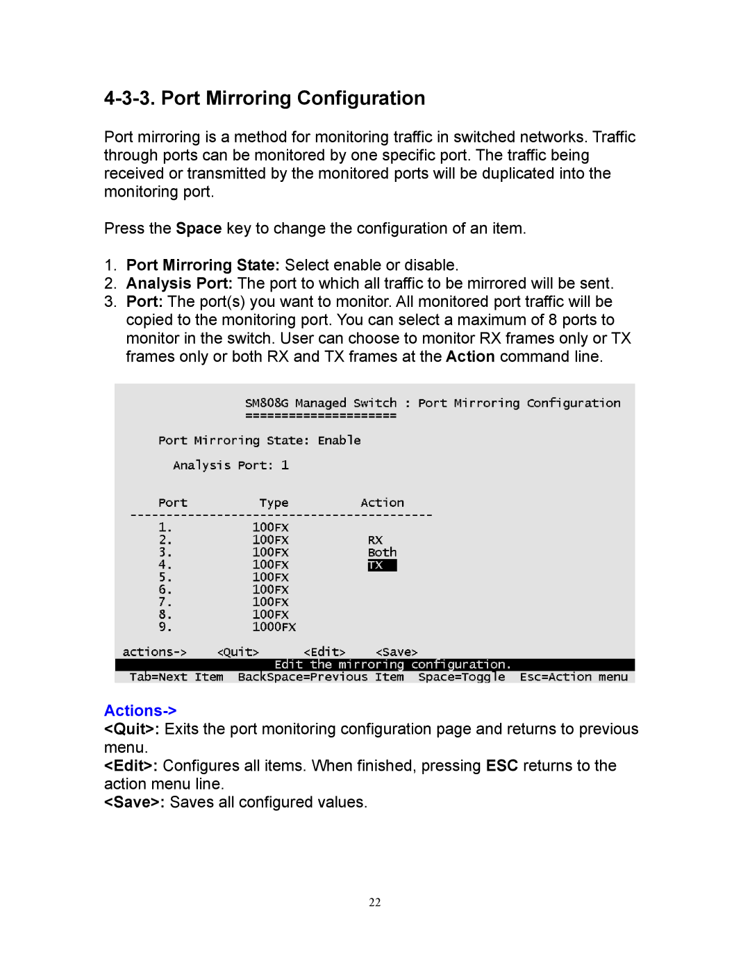 Milan Technology MIL-SM808G manual Port Mirroring Configuration 