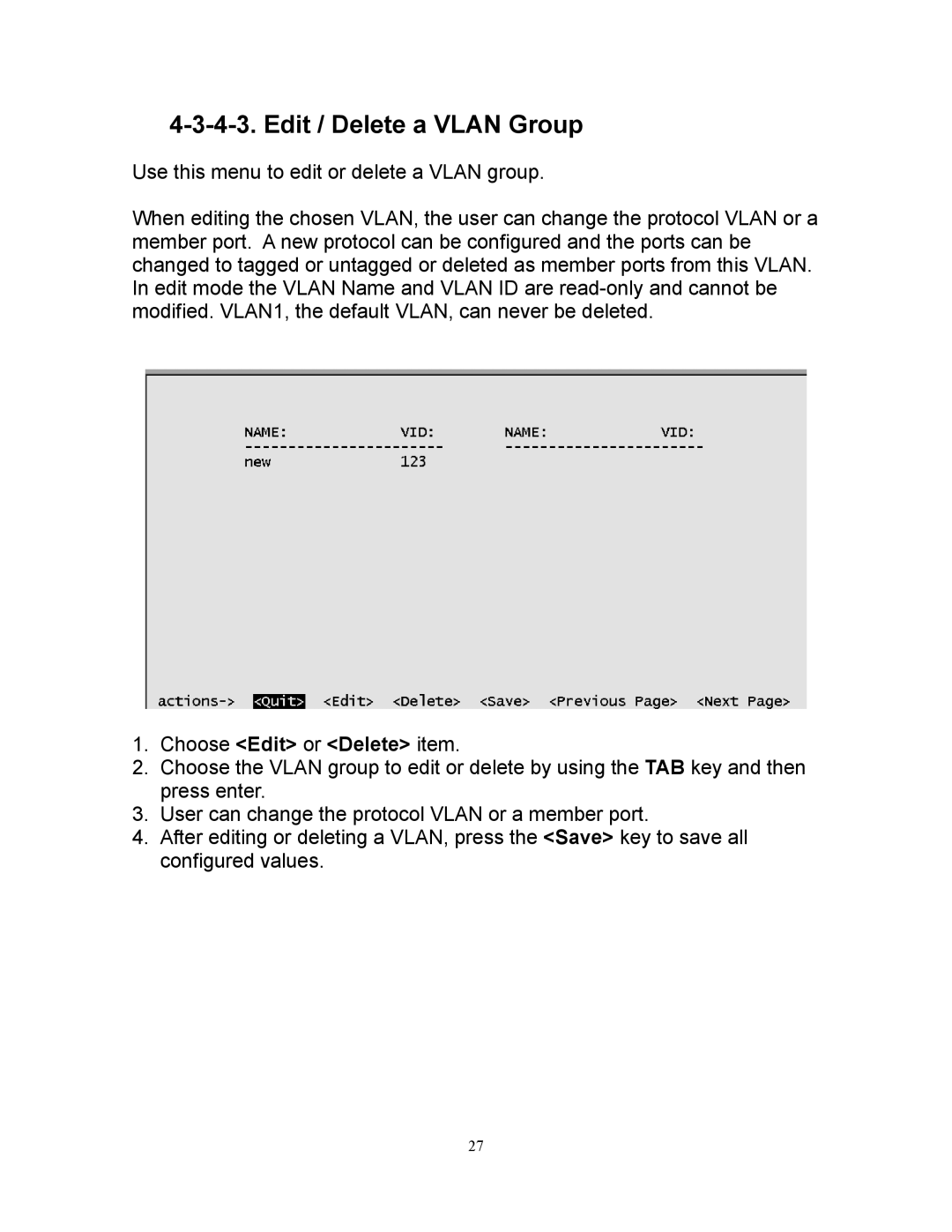 Milan Technology MIL-SM808G manual Edit / Delete a Vlan Group, Choose Edit or Delete item 