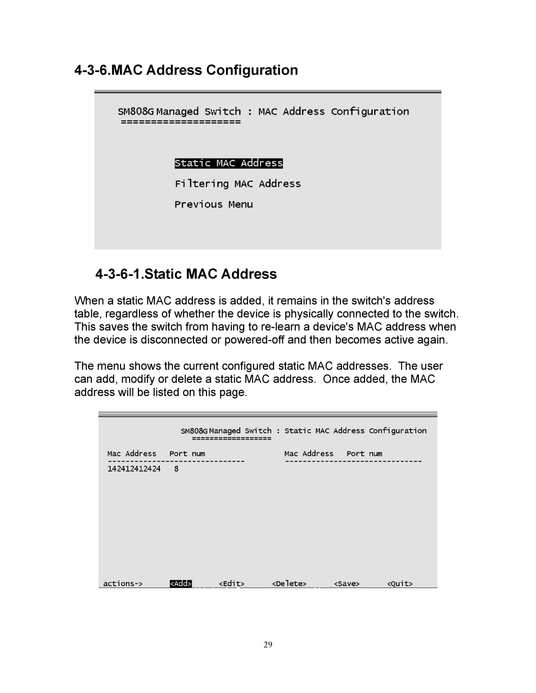 Milan Technology MIL-SM808G manual MAC Address Configuration Static MAC Address 