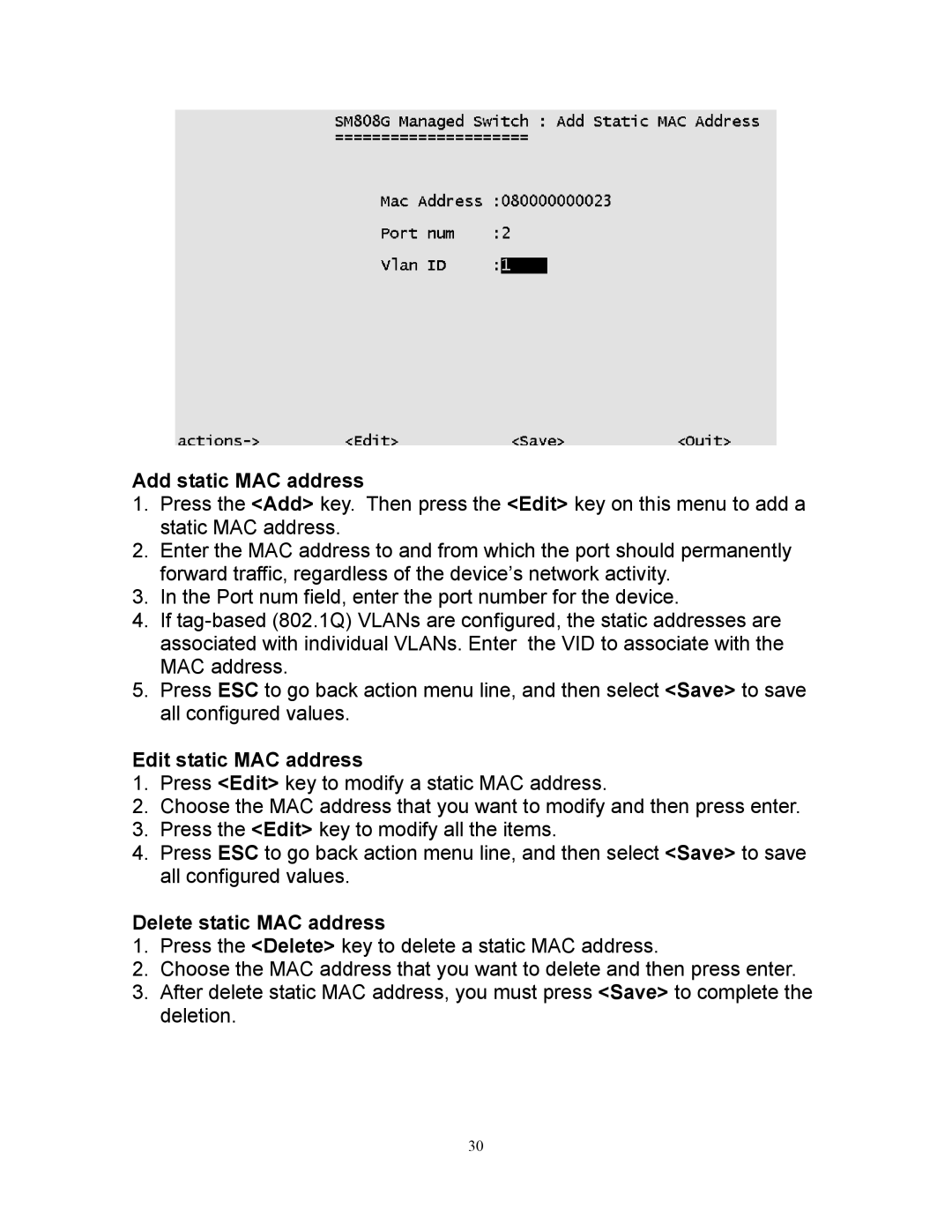 Milan Technology MIL-SM808G manual Add static MAC address, Edit static MAC address, Delete static MAC address 