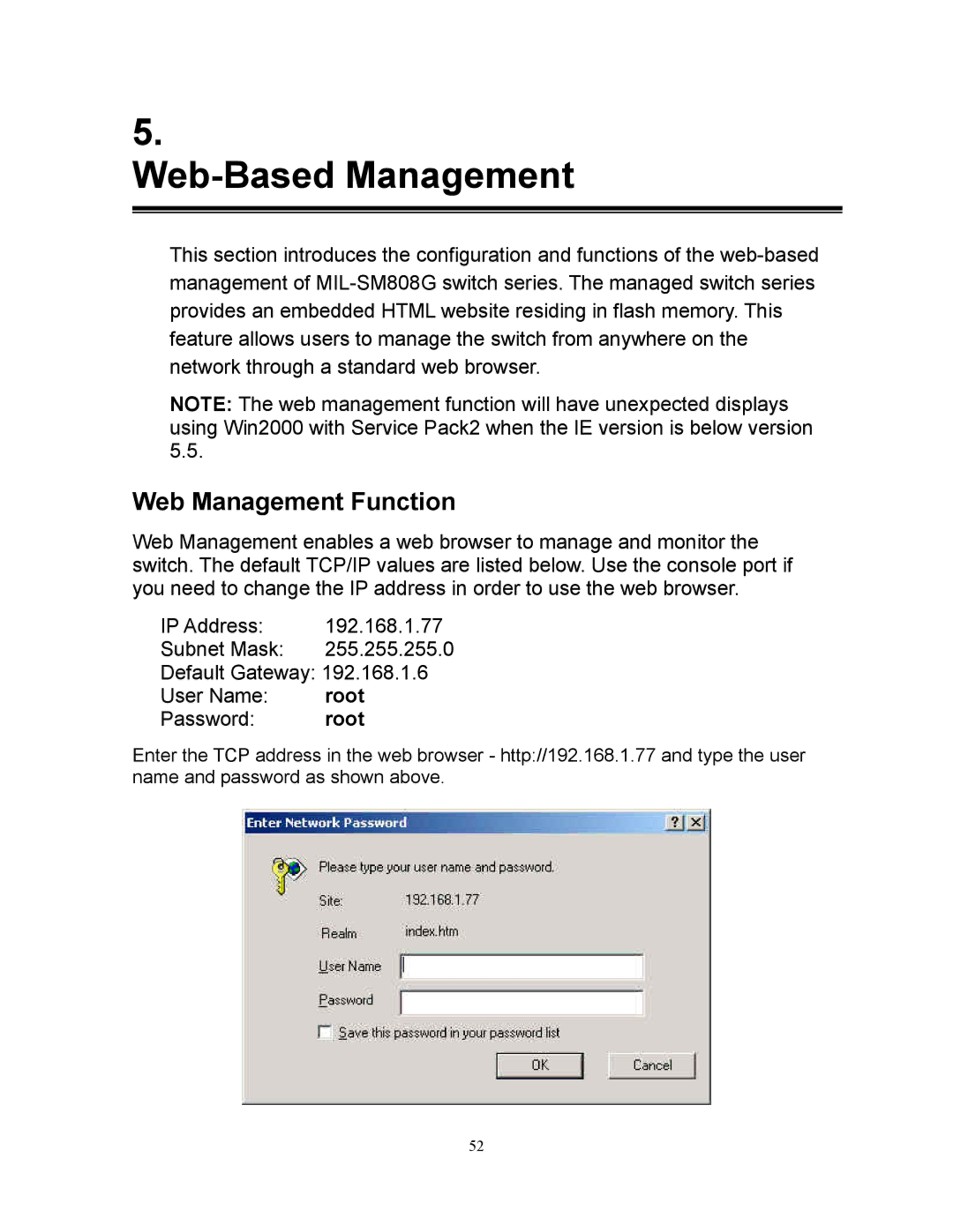 Milan Technology MIL-SM808G manual Web Management Function, Root 