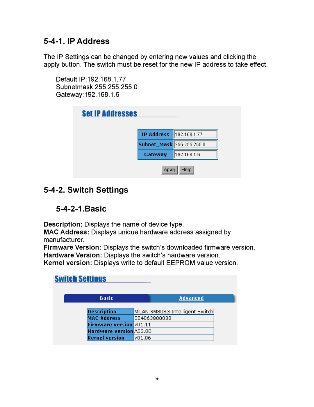 Milan Technology MIL-SM808G manual IP Address, Switch Settings Basic 