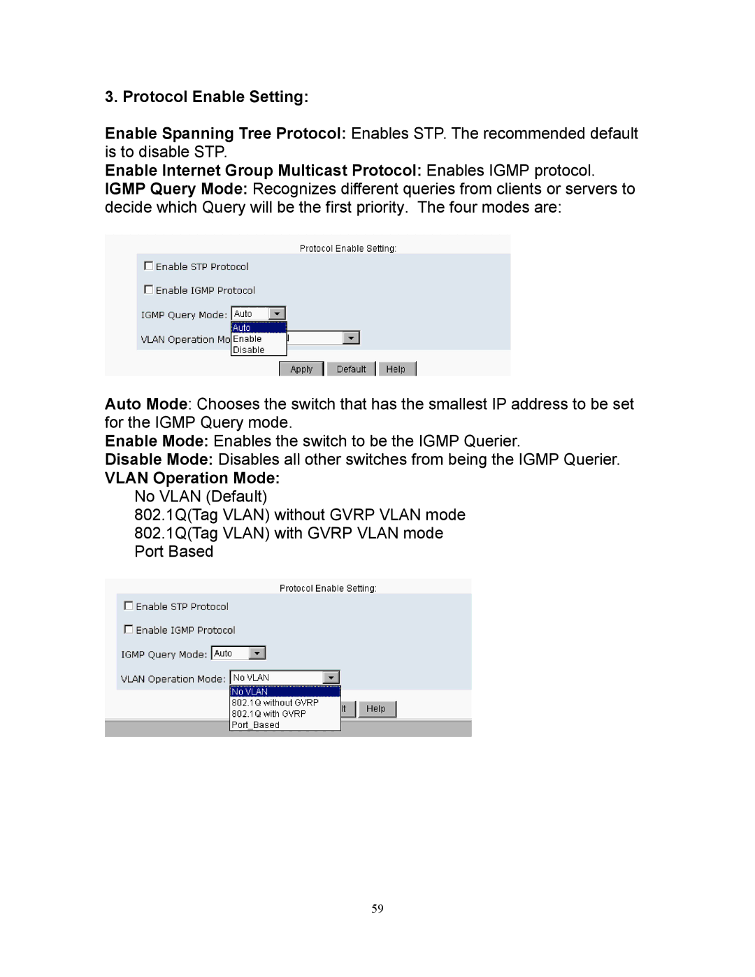 Milan Technology MIL-SM808G manual Protocol Enable Setting, Vlan Operation Mode 