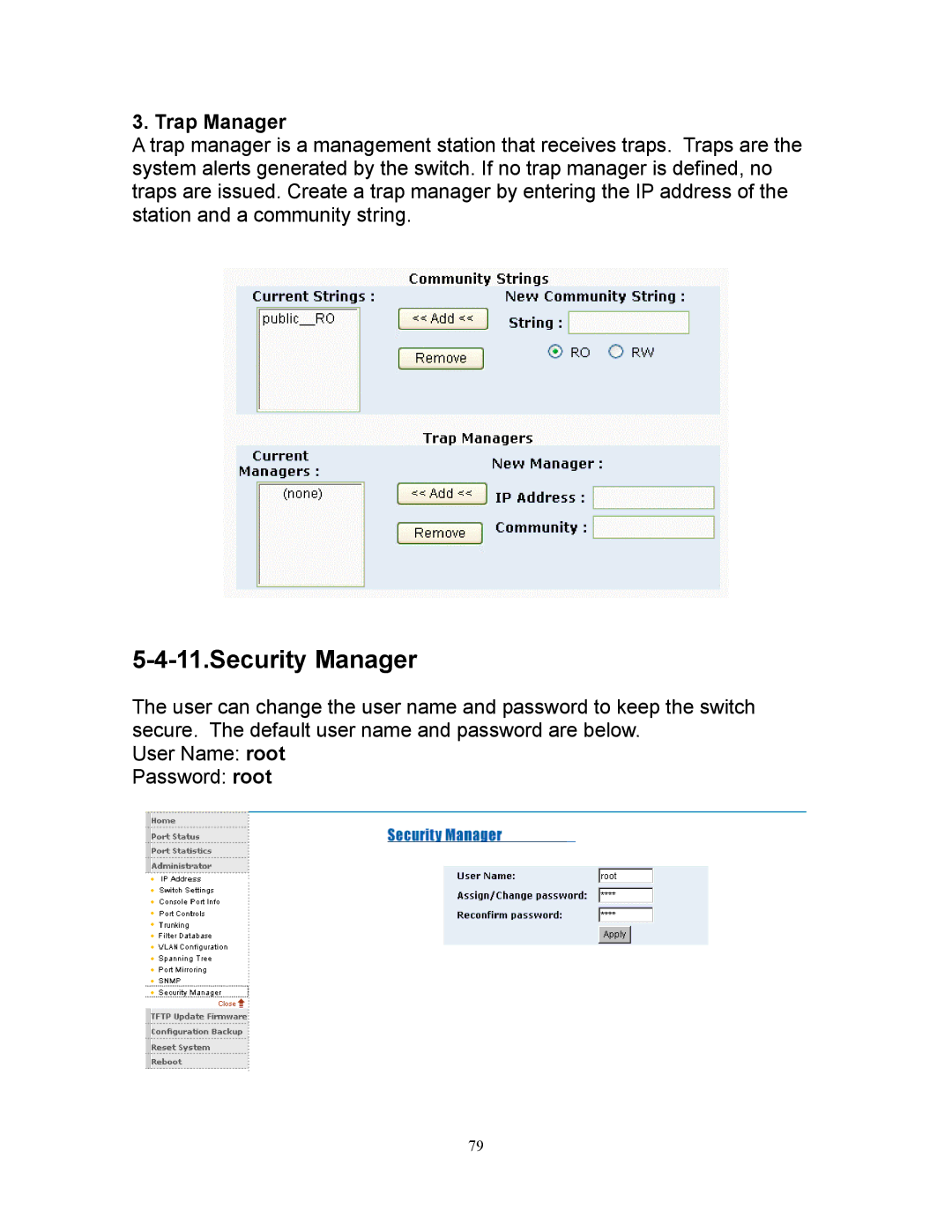 Milan Technology MIL-SM808G manual Security Manager, Trap Manager 