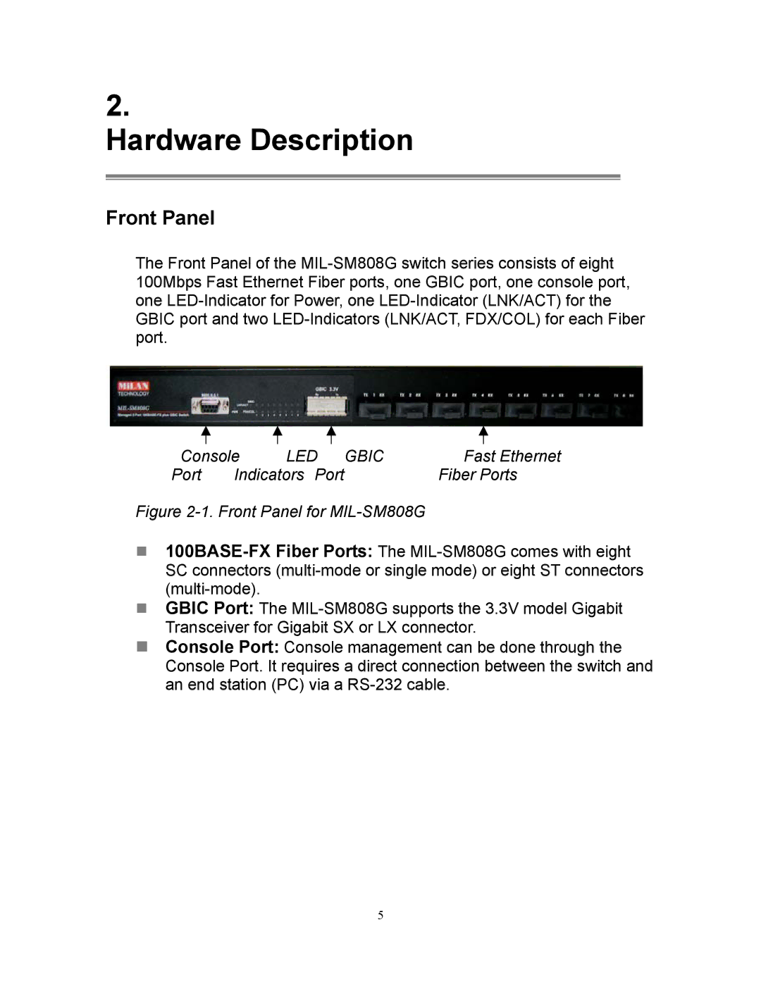 Milan Technology MIL-SM808G manual Hardware Description, Front Panel 