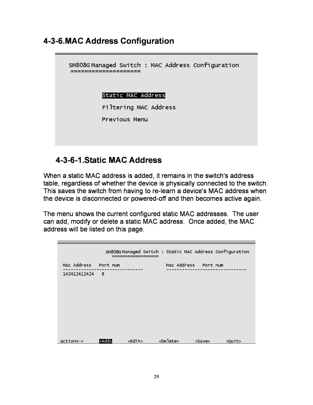 Milan Technology MIL-SM808G manual MAC Address Configuration 4-3-6-1.Static MAC Address 