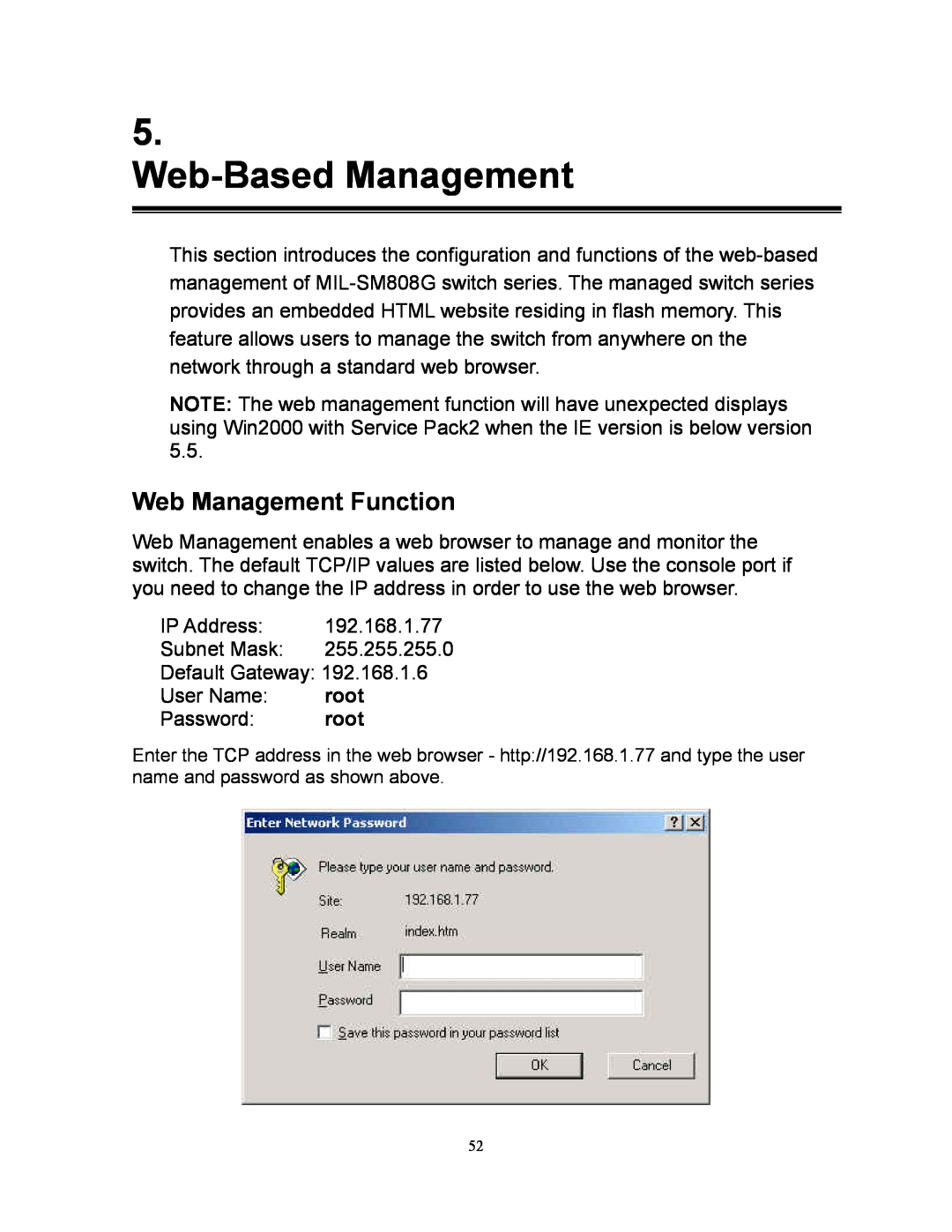 Milan Technology MIL-SM808G manual Web-Based Management, Web Management Function, root 