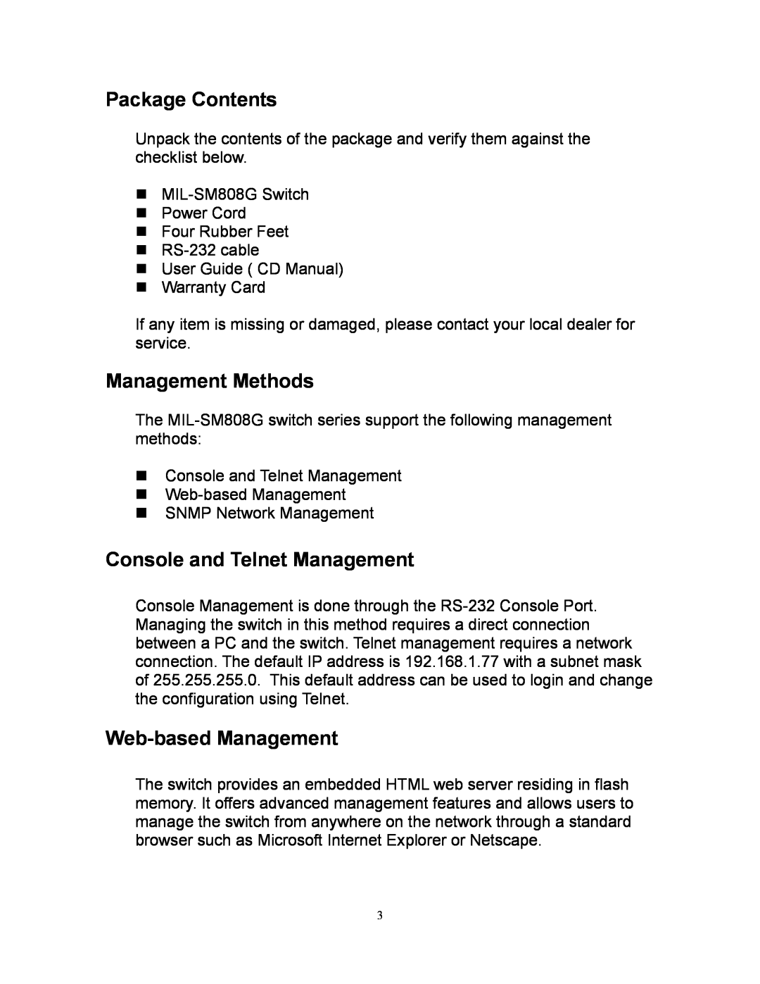 Milan Technology MIL-SM808G Package Contents, Management Methods, Console and Telnet Management, Web-based Management 