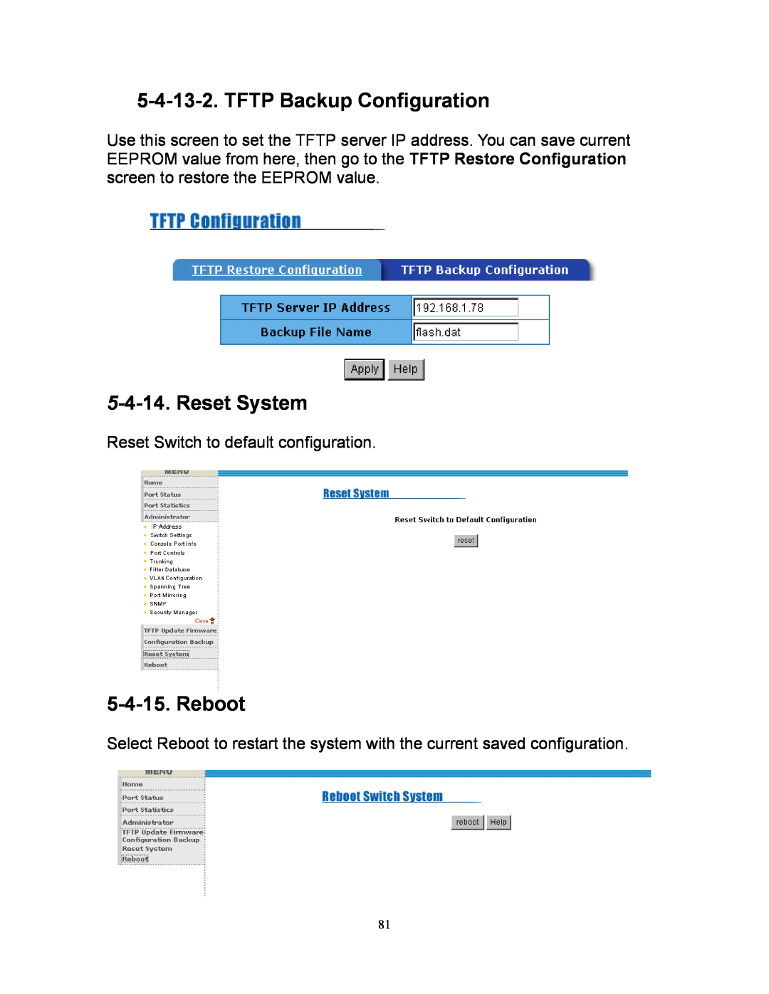 Milan Technology MIL-SM808G manual TFTP Backup Configuration, Reset System, Reboot 