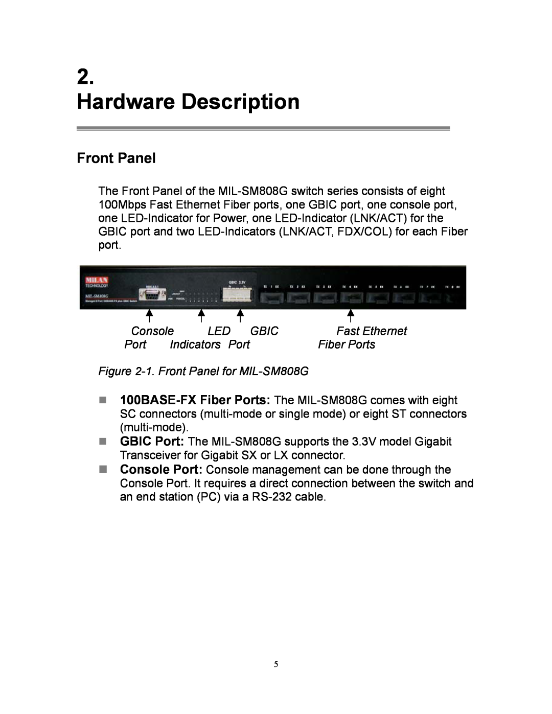 Milan Technology MIL-SM808G manual Hardware Description, Front Panel, Console, Led Gbic, Fast Ethernet, Indicators Port 