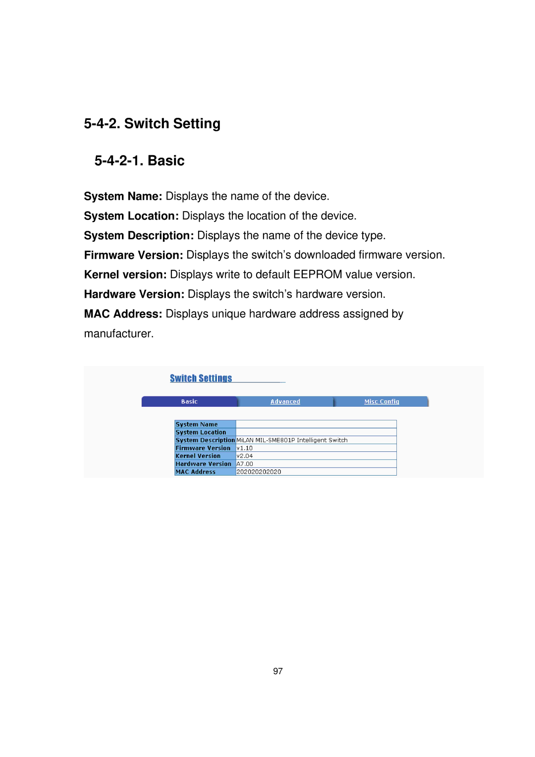 Milan Technology MIL-SME801GLX, MIL-SME801P, MIL-SME801GSX manual Switch Setting Basic 