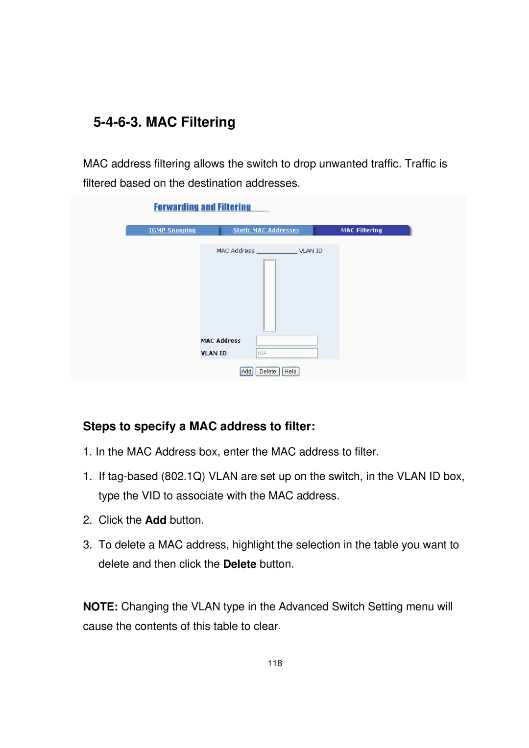 Milan Technology MIL-SME801GLX, MIL-SME801P, MIL-SME801GSX manual MAC Filtering, Steps to specify a MAC address to filter 