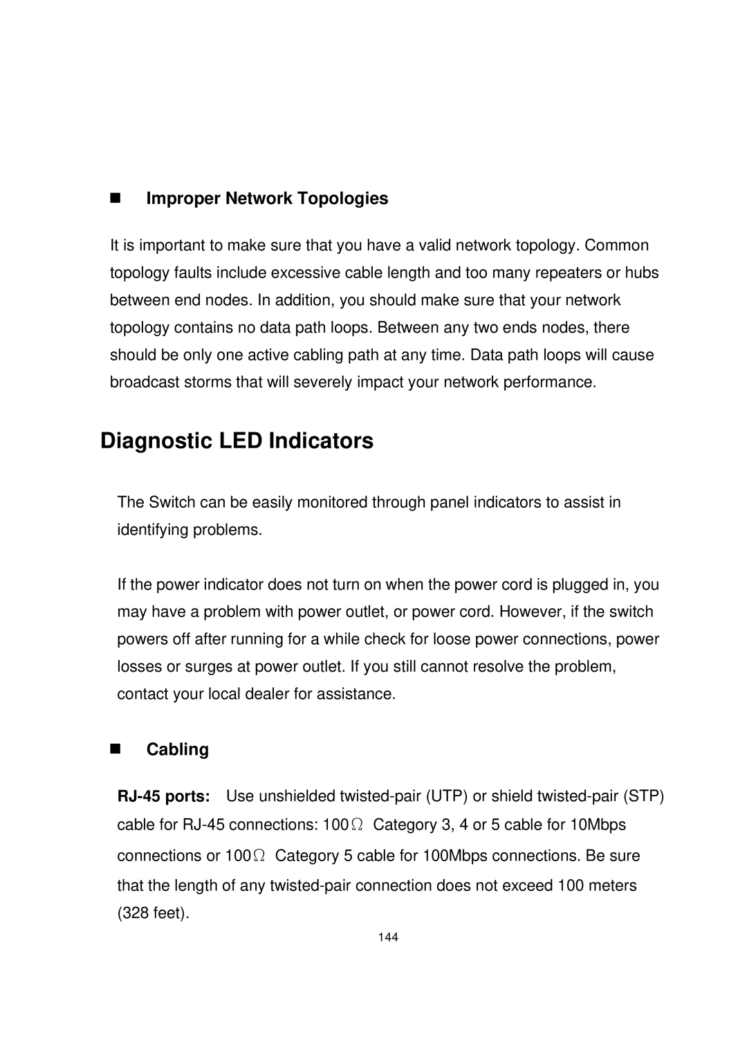 Milan Technology MIL-SME801P, MIL-SME801GLX manual Diagnostic LED Indicators, „ Improper Network Topologies, „ Cabling 