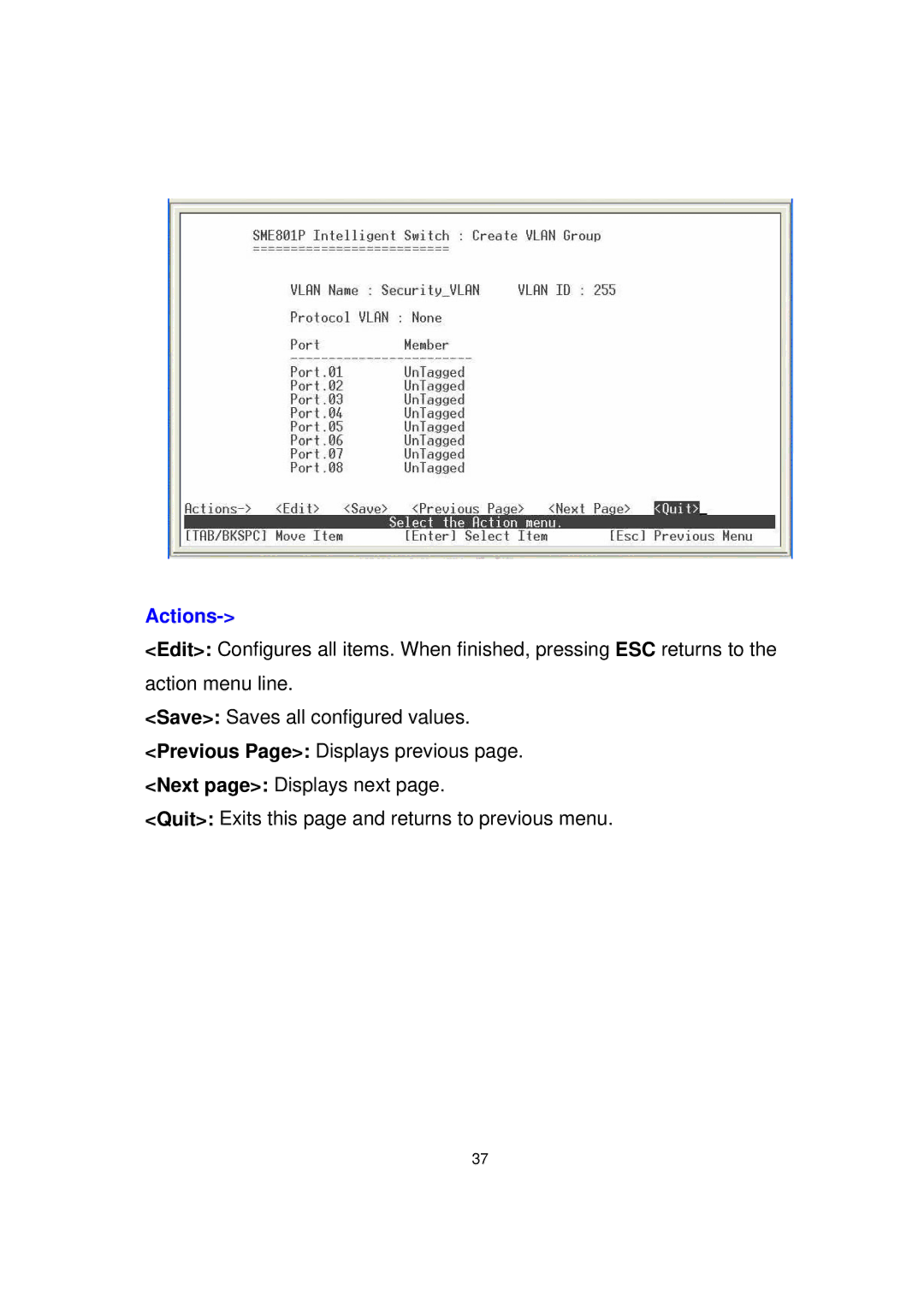 Milan Technology MIL-SME801GLX, MIL-SME801P, MIL-SME801GSX manual Actions 