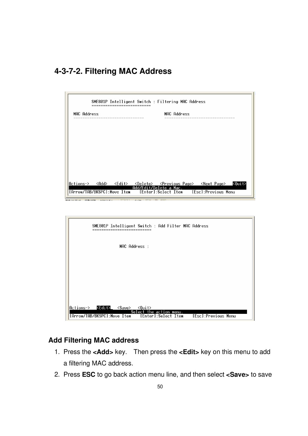 Milan Technology MIL-SME801GSX, MIL-SME801P, MIL-SME801GLX manual Filtering MAC Address, Add Filtering MAC address 