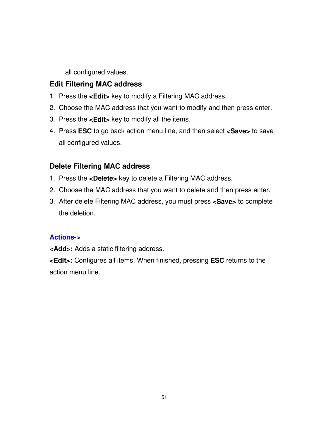 Milan Technology MIL-SME801P, MIL-SME801GLX, MIL-SME801GSX manual Edit Filtering MAC address, Delete Filtering MAC address 